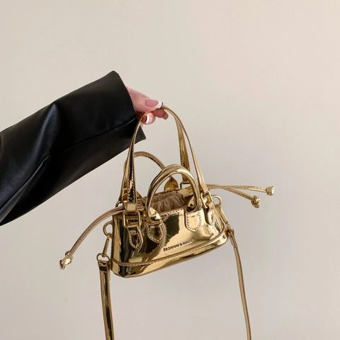 Mini Handtas Metallic Spiegel PU Leer Crossbody Tas Met Trekkoord Binnenkant Voor Dames Modieuze Street Style
