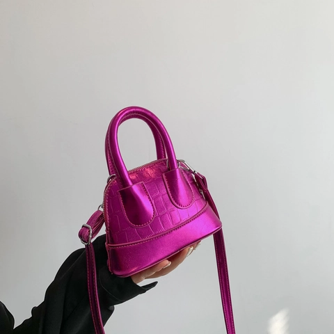 Women Mini Handbag Metallic Crocodile Pattern PU Leather Crossbody Bag Small Shell Tote Top Handle Shoulder Strap