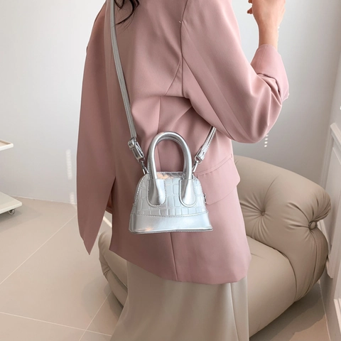 Women Mini Handbag Metallic Crocodile Pattern PU Leather Crossbody Bag Small Shell Tote Top Handle Shoulder Strap