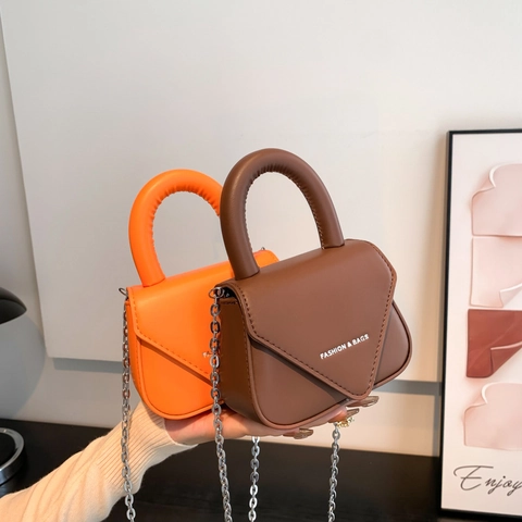 Mini Shoulder Crossbody Bag PU Leather Top Handle Silver Chain Strap V Flap Letter Print Minimalist For Women