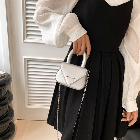 Mini Shoulder Crossbody Bag PU Leather Top Handle Silver Chain Strap V Flap Letter Print Minimalist For Women