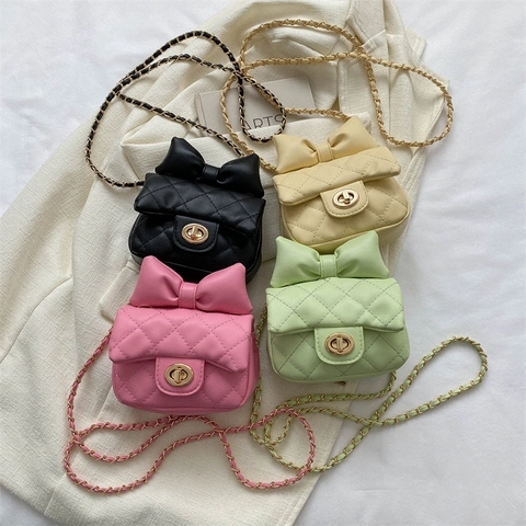 Meisjes Mini Schoudertas PU Leer Gewatteerd Strik Ketting Riem Elegante Kleine Modieuze Schoudertas Voor Kinderen