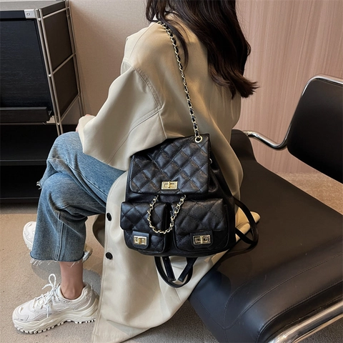 Women Quilted Mini Backpack PU Leather Diamond Pattern Gold Chain Strap Turn Lock Fashion Travel Casual Small Bag