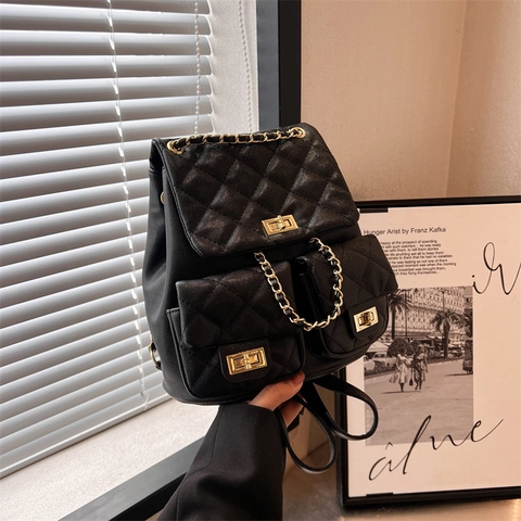 Women Quilted Mini Backpack PU Leather Diamond Pattern Gold Chain Strap Turn Lock Fashion Travel Casual Small Bag