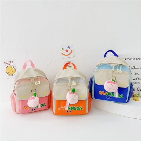 Mochila Infantil Bloque De Color Nylon Lona Escolar Con Colgante De Peluche Durazno Para Niños Niñas