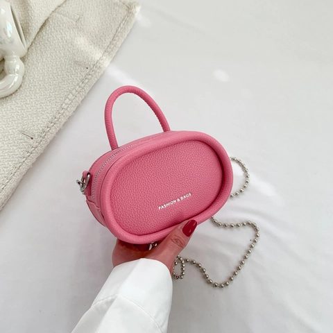Mini Oval Handbag Crossbody Bag PU Leather Lychee Grain Metal Bead Chain Strap Top Handle Double Zipper Chic Fashion