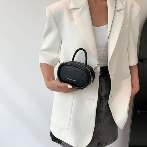 Mini Oval Handbag Crossbody Bag PU Leather Lychee Grain Metal Bead Chain Strap Top Handle Double Zipper Chic Fashion