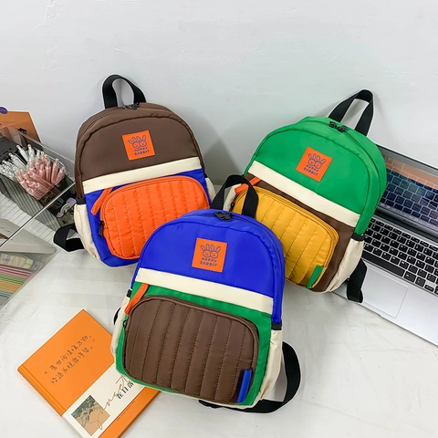 Parent-child Color-block Canvas Backpack Toddler School Bag For Kindergarten Boys Girls Lightweight Cartoon Rabbit Patch