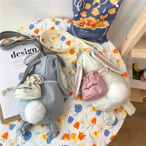 Schattige Cartoon Konijn Vorm Crossbody Tas Meisjes Student PU Leer Canvas Zoete Dieren Schoudertas Met Mini Pouch