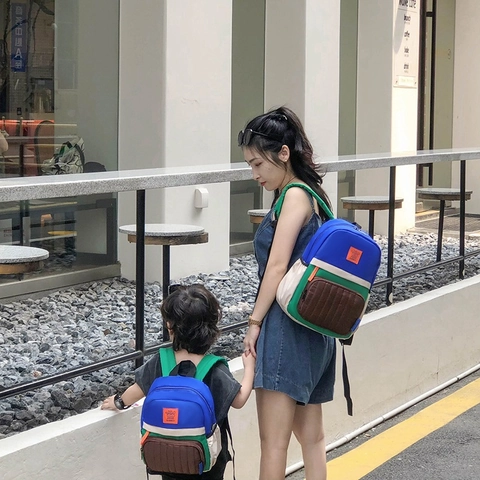 Parent-child Color-block Canvas Backpack Toddler School Bag For Kindergarten Boys Girls Lightweight Cartoon Rabbit Patch