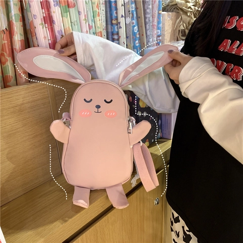 Schattige Cartoon Konijn Vorm Crossbody Tas Meisjes Student PU Leer Canvas Zoete Dieren Schoudertas Met Mini Pouch