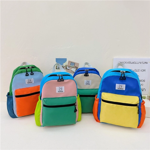 Kids Backpack Color Block Nylon Lightweight Adjustable Straps For School Travel Cute Rabbit Pattern Children Boys Girls