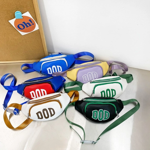 Kids Chest Bag Waist Pack PU Leather Contrast Color Letter Print Adjustable Strap Casual Trendy Outdoor Pack
