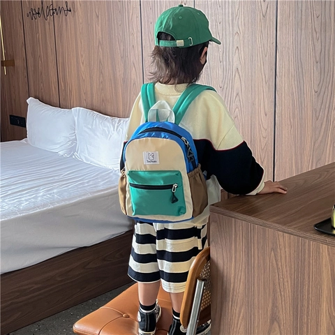Kids Backpack Color Block Nylon Lightweight Adjustable Straps For School Travel Cute Rabbit Pattern Children Boys Girls