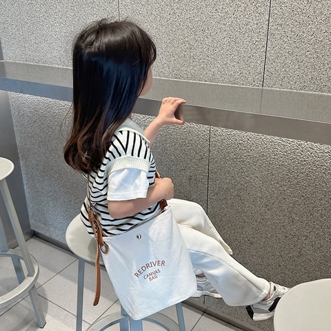 Kids Shoulder Crossbody Bag Canvas Letter Print Adjustable PU Strap Preppy Style Boys Girls Casual Accessory