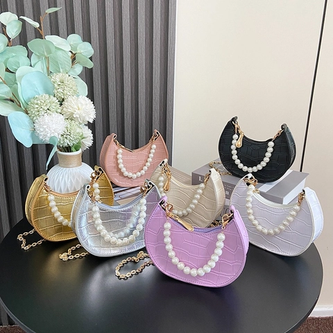 Mini Borsa A Tracolla Mezzaluna Per Ragazze Motivo Coccodrillo Pelle PU Manico Perla Artificial Catena Dorata Per Bambini