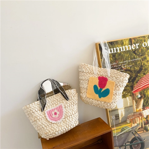 Bolso De Paja Para Niños Parche De Flores Malla Mango De Perla Artificial Verano Playa Vacaciones Bolso Para Niñas Lindo Pastoral