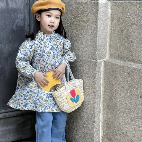 Bolso De Paja Para Niños Parche De Flores Malla Mango De Perla Artificial Verano Playa Vacaciones Bolso Para Niñas Lindo Pastoral