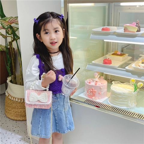 Kids Girls Mini Tweed Crossbody Bag Artificial Pearl Handle Handbag Elegant Bow Flower Decor Chain Strap Small Purse