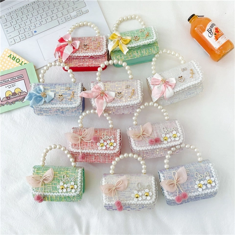 Sac Bandoulière Mini en Tweed pour Enfants Avec Poignée en Künstliche Perle Mode Paillettes Nœud Papillon Sac à Main pour Filles Princesse