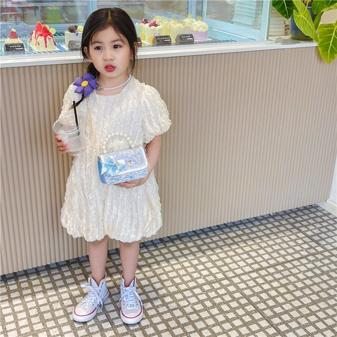 Girls Crossbody Bag Tweed Mini Handbag With Artificial Pearl Handle Chain Shoulder Strap Bow Flower Decor Princess Chic Style