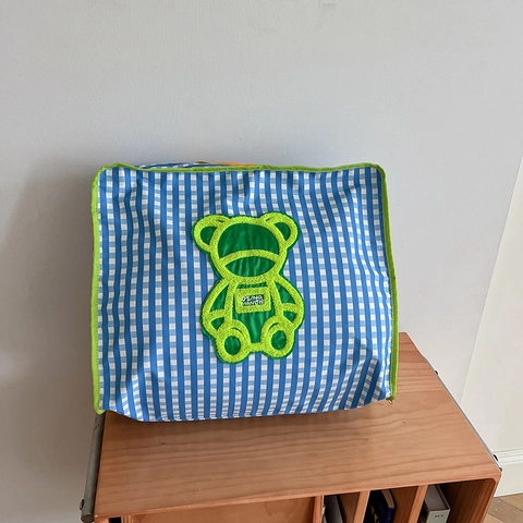 Kids Shoulder Bag Canvas Plaid Large Capacity Travel Storage Tote Cute Bear Pattern Crossbody For Kindergarten Toddlers