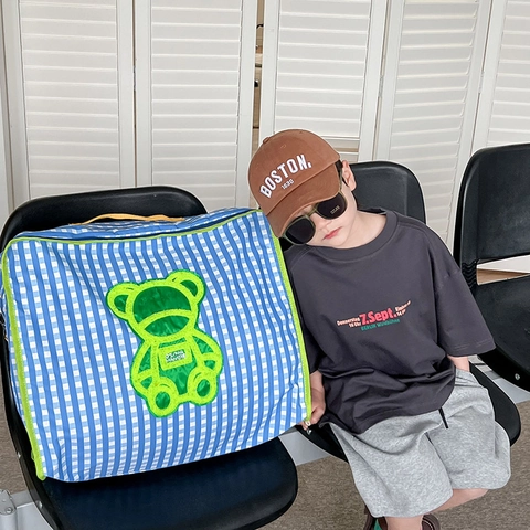 Kids Shoulder Bag Canvas Plaid Large Capacity Travel Storage Tote Cute Bear Pattern Crossbody For Kindergarten Toddlers