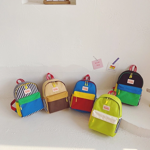 Kids Backpack Canvas Colorblock Striped Lightweight Breathable For Kindergarten School Children Korean Fashion