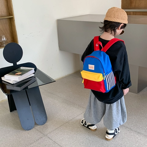 Kids Backpack Canvas Colorblock Striped Lightweight Breathable For Kindergarten School Children Korean Fashion