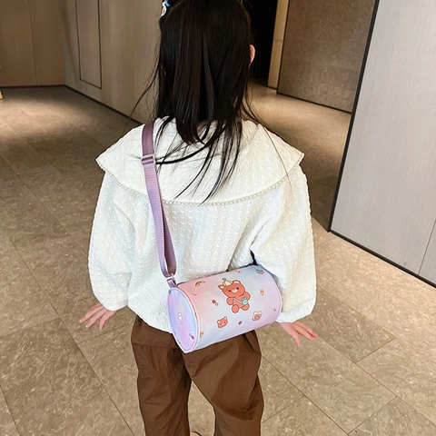 Kids Cartoon Cylinder Crossbody Bag Canvas Mini Coin Purse Adjustable Strap Cute Animal Print For Little Girls Toddlers