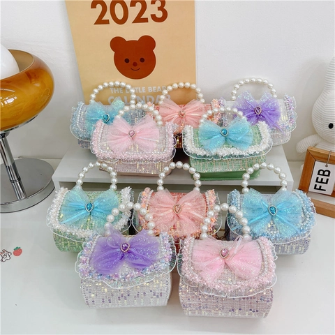 Mini Bolso De Hombro Para Niñas Asa De Perla Artificial Tweed Con Lentejuelas Lazo De Tul Gema De Corazón Elegante Bolso De Mano Con Cadena Dorada