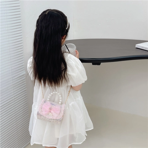 Mini Bolso De Hombro Para Niñas Asa De Perla Artificial Tweed Con Lentejuelas Lazo De Tul Gema De Corazón Elegante Bolso De Mano Con Cadena Dorada