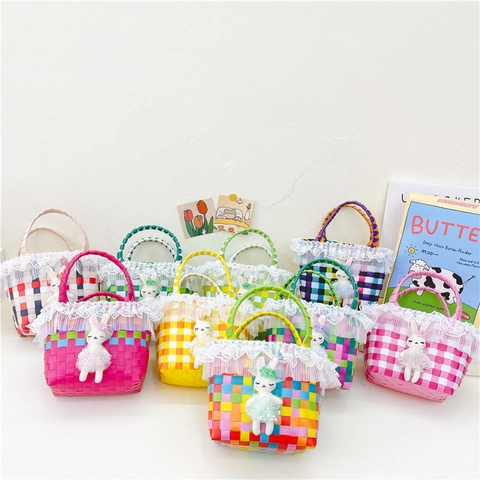 Kids Girls Cute Woven Handbag Lace Basket PVC Summer Beach Bag With Rabbit Pendant Decoration