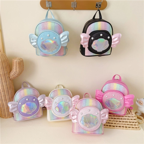 Mochila Mini Niñas Cuero PU Láser Lentejuelas Concha Perla Artificial Decoración Ala Linda Jardín Infantes Escuela Salida Moda Bolso