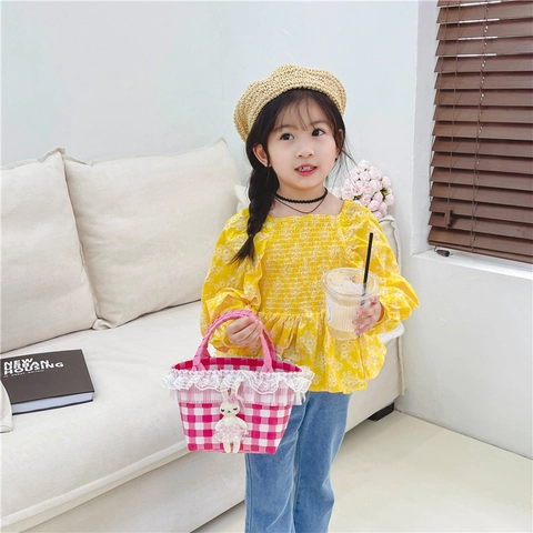 Kids Girls Cute Woven Handbag Lace Basket PVC Summer Beach Bag With Rabbit Pendant Decoration
