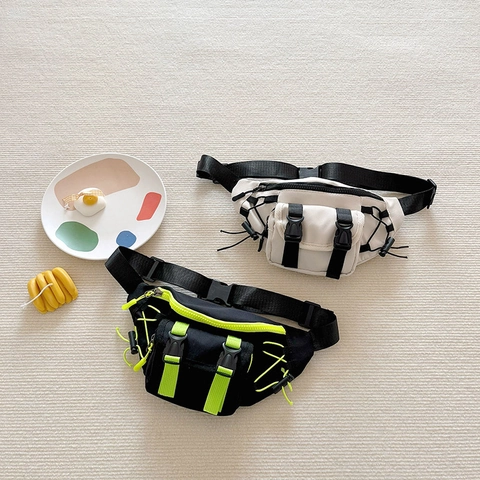 Bolso De Pecho Techwear Para Niños Lona Multi Bolsillo Color De Contraste Bandolera Para Niños Moda Exterior Correa Ajustable