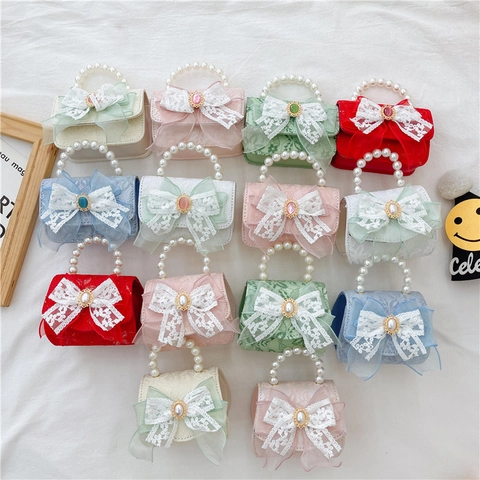 Mädchen Kinder Schultertasche Spitze Handtasche Mit Künstliche Perlen Griff Schleife Prinzessin Umhängetasche