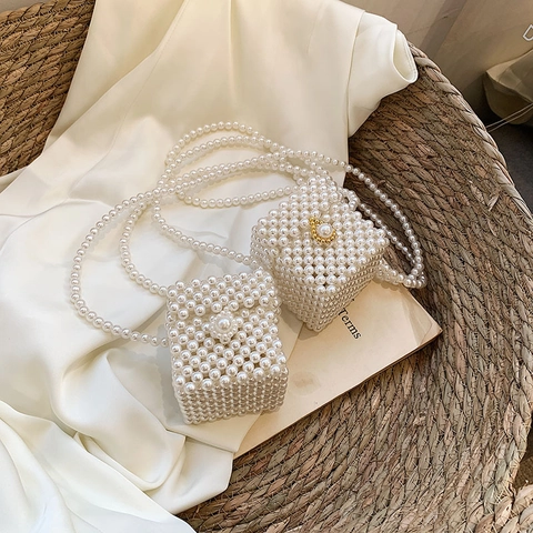 Handmade Beaded Artificial Pearl Mini Crossbody Bag Cube Shape Fashion Accessory For Little Girls Elegant Beaded Shoulder Purse