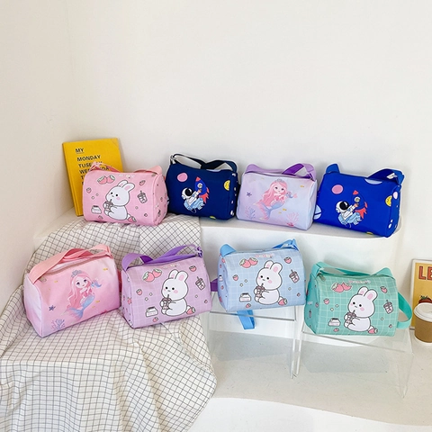 Cartoon Kids Crossbody Bag Canvas Cylindrical Shoulder Bag Rabbit Mermaid Astronaut Pattern Casual Gift For Girls Boys