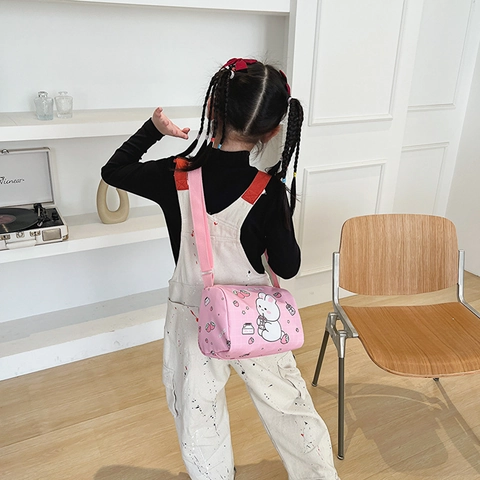 Cartoon Kids Crossbody Bag Canvas Cylindrical Shoulder Bag Rabbit Mermaid Astronaut Pattern Casual Gift For Girls Boys