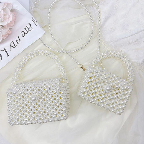 Handmade Mini Artificial Pearl Handbag For Girls Woven Beaded Crossbody Bag Princess Purse With Handle Fashion Accessories For Party