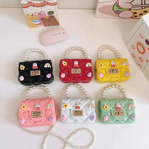 Girls Mini Crossbody Bag Silicone Quilted Diamond Pattern Artificial Pearl Handle Long Chain Cartoon Rabbit Fashionable Cute