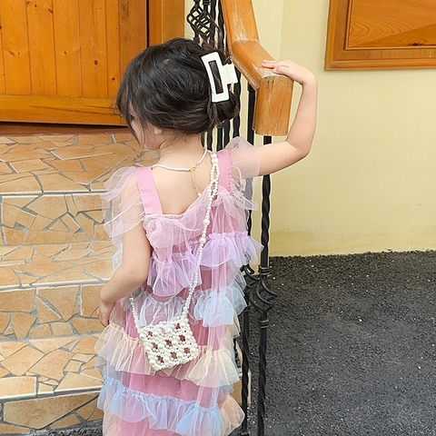 Little Girls Mini Artificial Pearl Woven Crossbody Bag Handmade Beaded Small Square Shoulder Purse Princess Style Cute Fashion Accessory