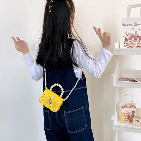 Girls Mini Crossbody Bag Silicone Quilted Diamond Pattern Artificial Pearl Handle Long Chain Cartoon Rabbit Fashionable Cute