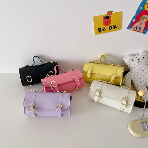 Kids Girls Cylinder Shoulder Bag PU Leather Mini Barrel Crossbody Handbag Korean Fashion Solid Color Adjustable Strap