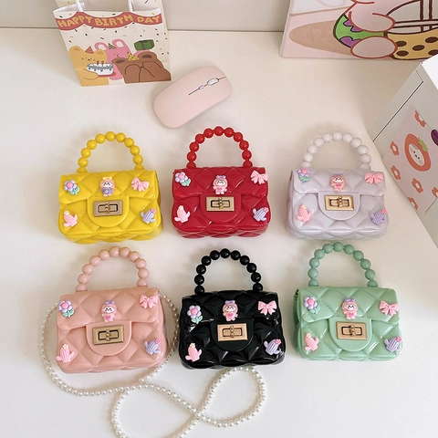 Kinder Mini Schultertasche Silikon Jelly Gestepptes Rautenmuster Cartoon Dekor Künstliche Perlenkette Strap Prinzessin Mädchen