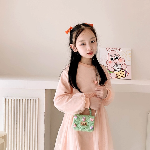 Kinder Mini Schultertasche Silikon Jelly Gestepptes Rautenmuster Cartoon Dekor Künstliche Perlenkette Strap Prinzessin Mädchen