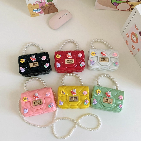 Kids Crossbody Bag Silicone Quilted Rabbit Cartoon Decor Faux Artificial Pearl Handle Shoulder Purse Mini For Girls Cute Gift