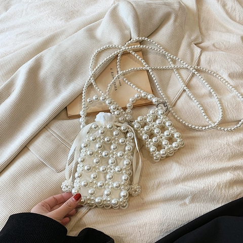 Kids Little Girls Mini Crossbody Bag Faux Artificial Pearl Beaded Woven Purse Elegant Princess Style With Drawstring Pouch
