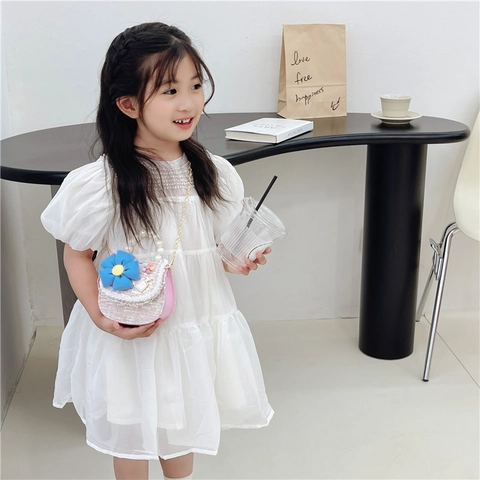 Girls Tweed Sequin Crossbody Bag With Faux Artificial Pearl Handle Large Fabric Flower Fashion Elegant Kids Shoulder Handbag